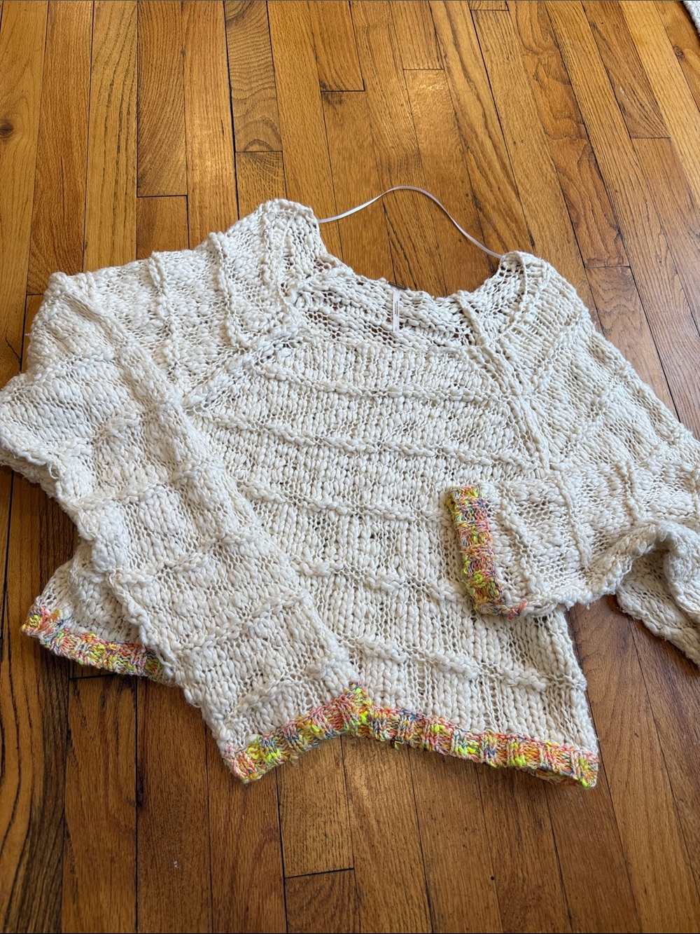 Free People Cream Scoopneck Knit Sweater with Multicolor Trim